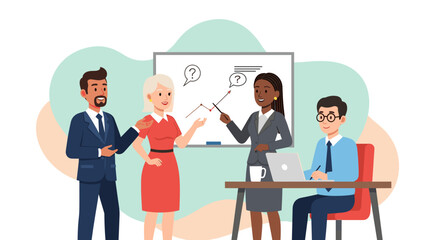 A diverse group of business professionals collaborates on a project during a meeting, brainstorming ideas and strategies in a modern office environment.