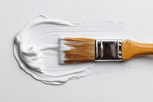 Artistic studio shot of titanium white brush and paint stroke on white