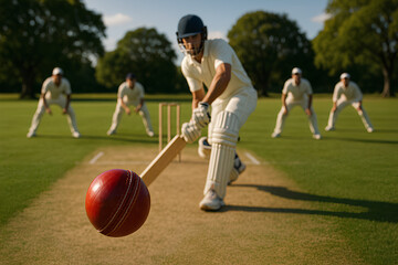 Batsman Facing a Fast-Moving Cricket Ball on a Bright Green Field