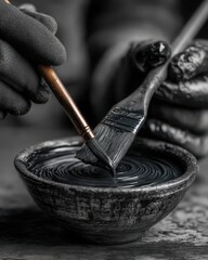 Black and White: Two Paintbrushes Dipping into Black Ink in a Bowl, Artistic Tools, Close-up, Creative Process