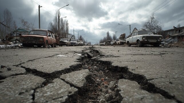 Cracked roads with damaged vehicles and buildings after earthquake in abandoned town, AI generated image