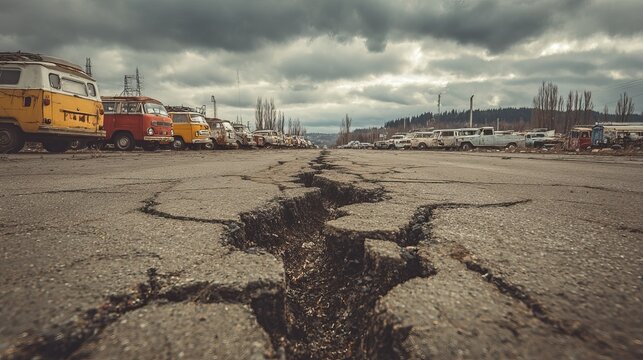 Cracked roads with damaged vehicles and buildings after earthquake in abandoned town, AI generated image