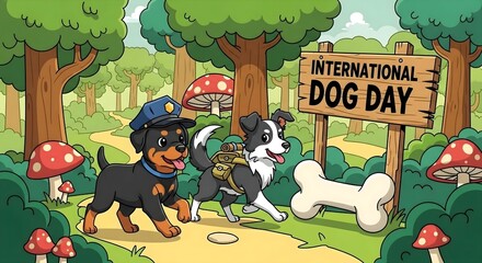 Cartoon dogs celebrating International Dog Day in a forest