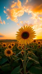 Obraz premium Golden Hour Sunflowers: A vibrant field bathed in the warm glow of sunset, with a prominent sunflower reaching towards the colorful sky.