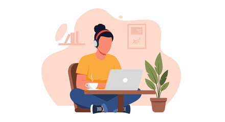 A young woman wearing headphones works remotely on her laptop at a cafe table, enjoying a cup of coffee, depicted in a modern flat illustration.