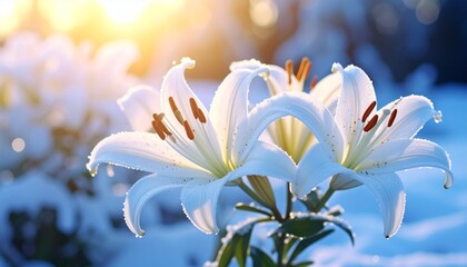 Macro shot of frost-kissed white lilies in a winter garden, sparkling ice crystals on petals, crisp details, cool blue tones, ethereal lighting