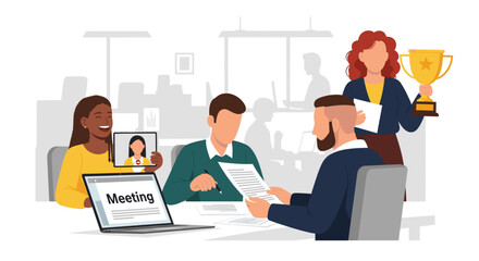 A diverse team of professionals collaborates in a modern office, with some participating remotely via video call, celebrating a successful business achievement.