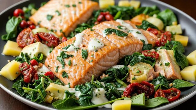 Delicious salmon with roasted potatoes, spinach, and sun dried tomatoes, topped with creamy garlic sauce.