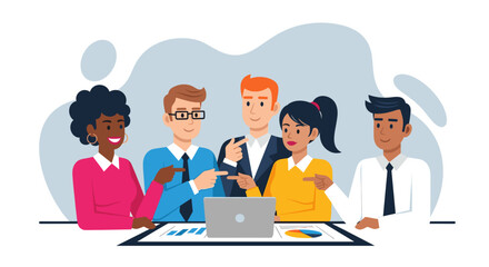 Diverse team of professionals collaborating around a laptop, pointing and discussing ideas, showcasing teamwork and communication in a modern business setting.