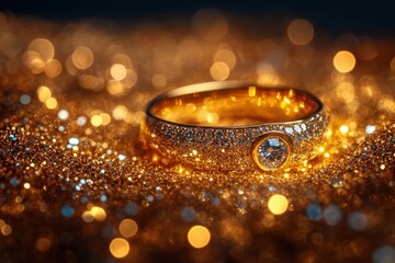 Golden ring on glitter background