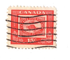 A vintage postage stamp from Canada isolated on a white background.