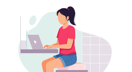 Young woman sits at a desk and works on her laptop, illustrated in a minimalist style against a soft, abstract background, perfect for website banners or social media posts.