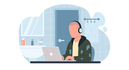 An illustration shows a man with headphones working on a laptop in a bathroom, highlighting the trend of remote work and unconventional workspaces.
