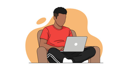 An illustrated man comfortably sits on a chair, diligently working on his laptop, representing remote productivity and digital lifestyle.