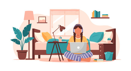 A young woman comfortably working or studying from her cozy bedroom, engaged with her laptop and wearing headphones in a modern flat illustration.
