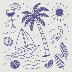 Whimsical island design with fruity drinks, coconuts, boats, and palm trees in a seamless hand-drawn style. Perfect for seasonal packaging, fashion, and digital tropical vacation themes.

