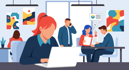 A vibrant modern illustration showcasing diverse professionals actively working and collaborating in a contemporary open-plan office environment.