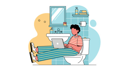 A young man is casually working on his laptop while sitting on a toilet in a modern bathroom, showing a blend of personal life and remote work.