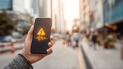 Mobile phones are showing earthquake alert signals in the city. AI generated image