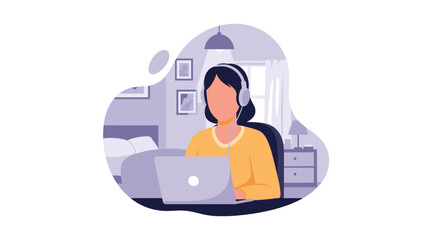 Young woman works from home using laptop and headphones in a cozy, minimalist bedroom setting, representing remote work, online communication, and modern lifestyle.