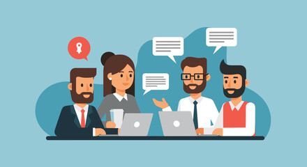 A diverse team of business professionals engages in a collaborative meeting, sharing ideas and brainstorming solutions in a modern flat vector illustration.