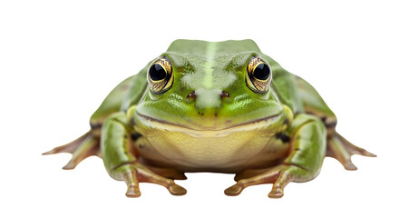 A vibrant green frog with striking golden eyes stares directly at the viewer on a clean white background, showcasing its unique amphibian charm and smooth skin