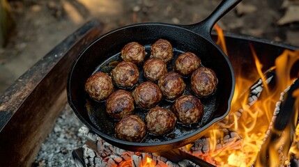 Meats cooking over campfire