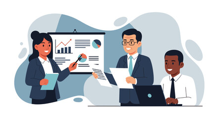 A diverse team of business professionals collaborates during a presentation, analyzing data and charts in a modern office setting.