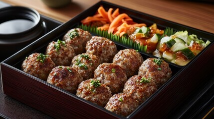 Meatballs in a wooden box with sides of vegetables