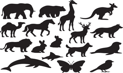 A diverse vector set of black animal silhouettes, including common wild mammals like dogs, cats, horses, bears, elephants, wolves, tigers, lions, deer, foxes, and cows