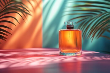 Perfume bottle, vibrant colors, tropical leaves