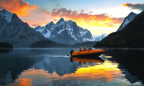 A serene lake surrounded by majestic mountains at sunset, with a boat floating peacefully on the water.