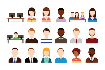 Diverse Workplace: A collection of diverse people icons and office illustrations, each representing inclusion and equality in the workspace.
