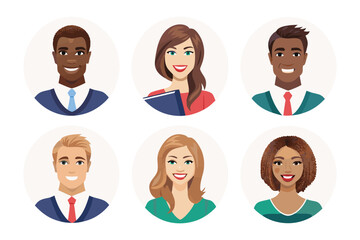 Fototapeta premium Diverse Business Professionals: A collection of six diverse and friendly-looking business professionals. Each person is presented in a circular frame against a white background.