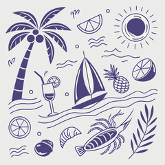 Hand-drawn tropical vacation pattern with palm trees, fruity drinks, and boats. Fun and relaxing summer theme in outline style for seamless surface design, packaging, and digital branding.

