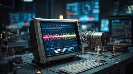Obraz premium Seismograph screen showing earthquake waves in control room, AI generated image
