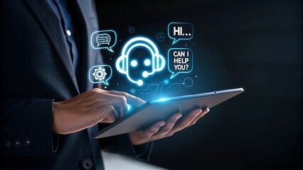 A businessman uses a tablet with customer service and chatbot icons floating above it