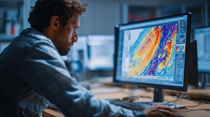 Scientists studying earthquake maps on computer screens in a lab. AI generated image