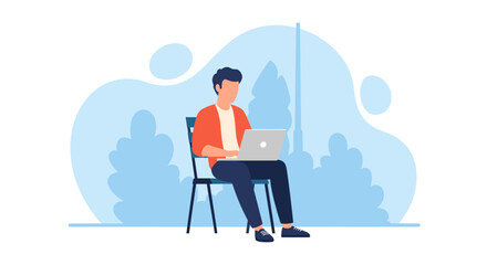 Fototapeta premium Young man sitting outdoors on a chair, focused on his laptop, with stylized trees and blue abstract shapes in the background.