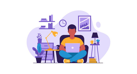 Digital illustration of a young man sitting cross-legged on a chair, focused on his laptop in a modern home office environment.