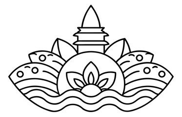 Obraz premium Buddhist Temple Emblem Line Art | Lotus Flower & Stupa Outline Design