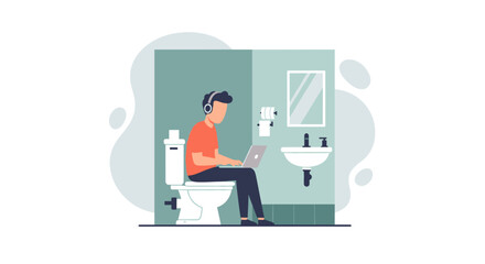 An illustrated man wearing headphones sits on a toilet in a bathroom while diligently working on his laptop, depicting modern remote work habits.