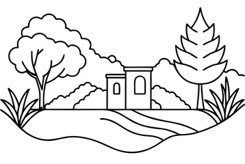 Countryside Landscape Coloring Page | Simple House & Trees Outline Art