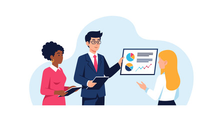 Diverse business professionals collaborate on a presentation, analyzing charts and graphs for strategic planning and team success.