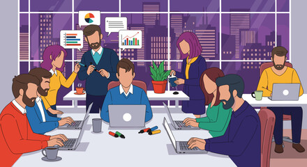 A diverse team of modern professionals collaborates and works on laptops in an open-plan office, with data analysis visuals and a city skyline at dusk.