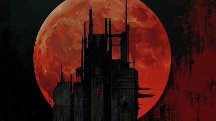Ruined structure under blood red moon