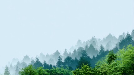 Fototapeta premium Mist-shrouded evergreen forest, a tranquil scene with varying shades of green and a soft, dreamy atmosphere.