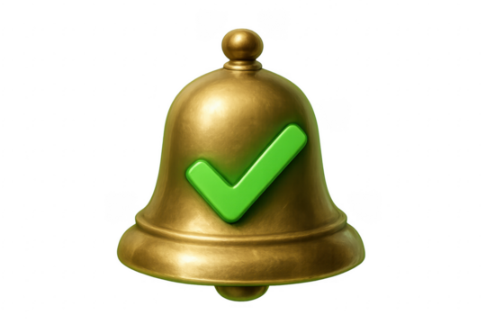 Golden bell showing green check mark on transparent background