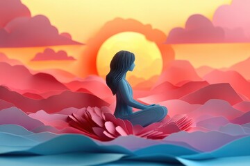 Peaceful woman meditating in sunset landscape