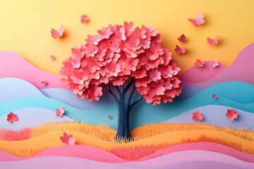 Pastel paper art tree landscape